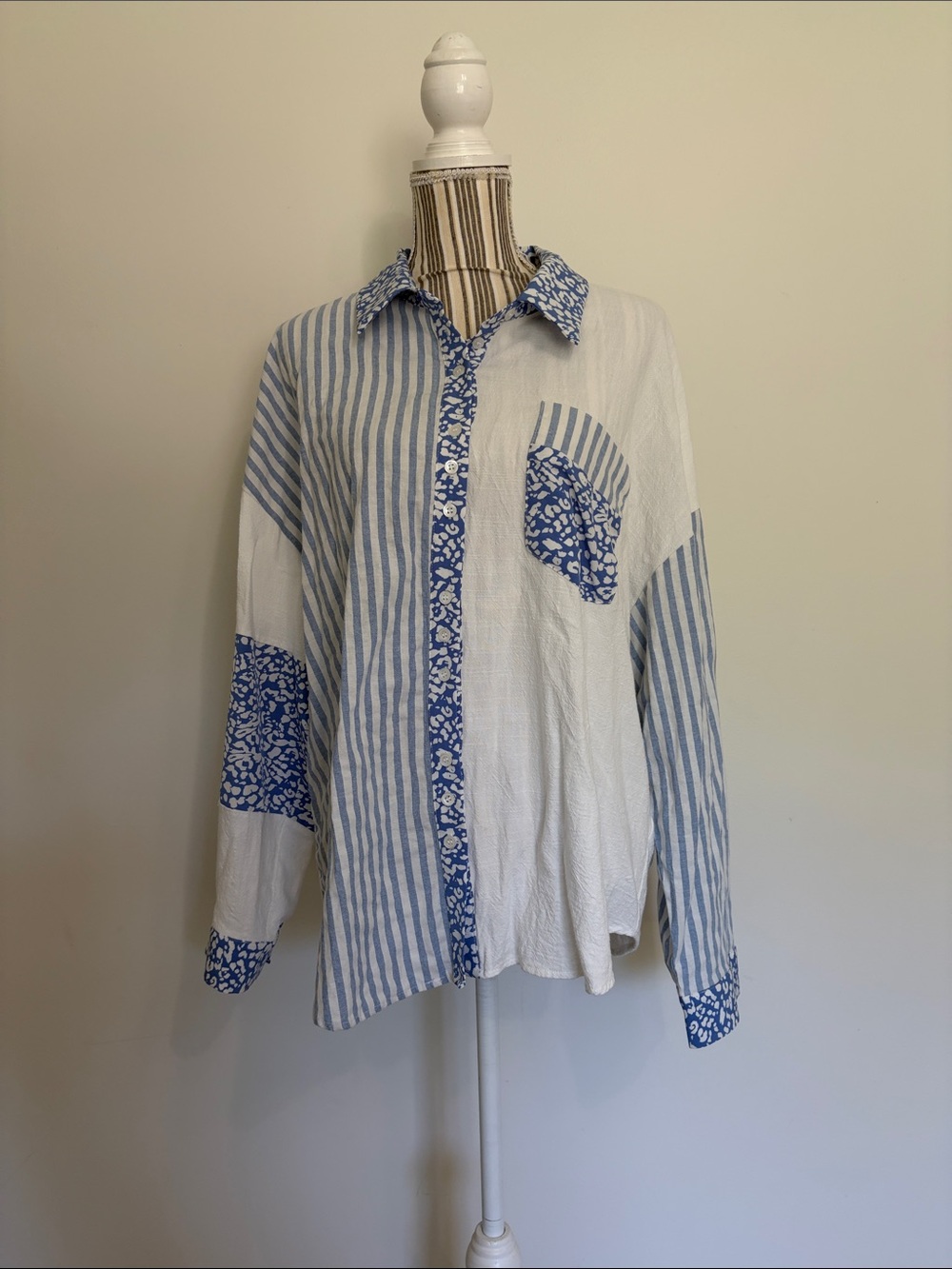 BiBi - Blue & White Patchwork Button-Down Shirt